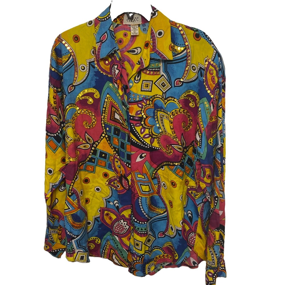 E Zee Vintage Button Down Top Women Size L Multi Bright 90's